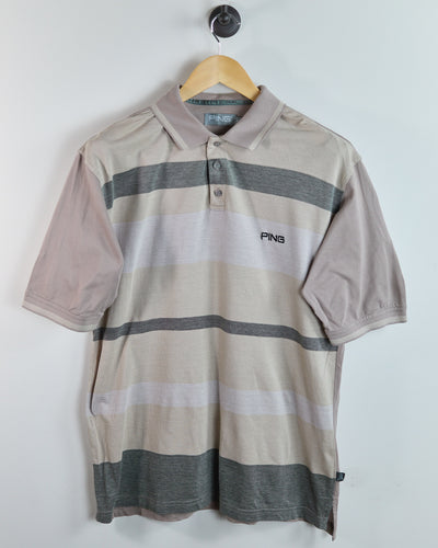 90s Ping Beige Block Stripe Pattern Polo (M)