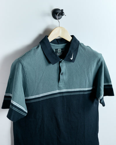 90s Nike Golf Shield Logo, Rare Swoosh collar, Navy Blue/Light Blue Cotton Polo (M)