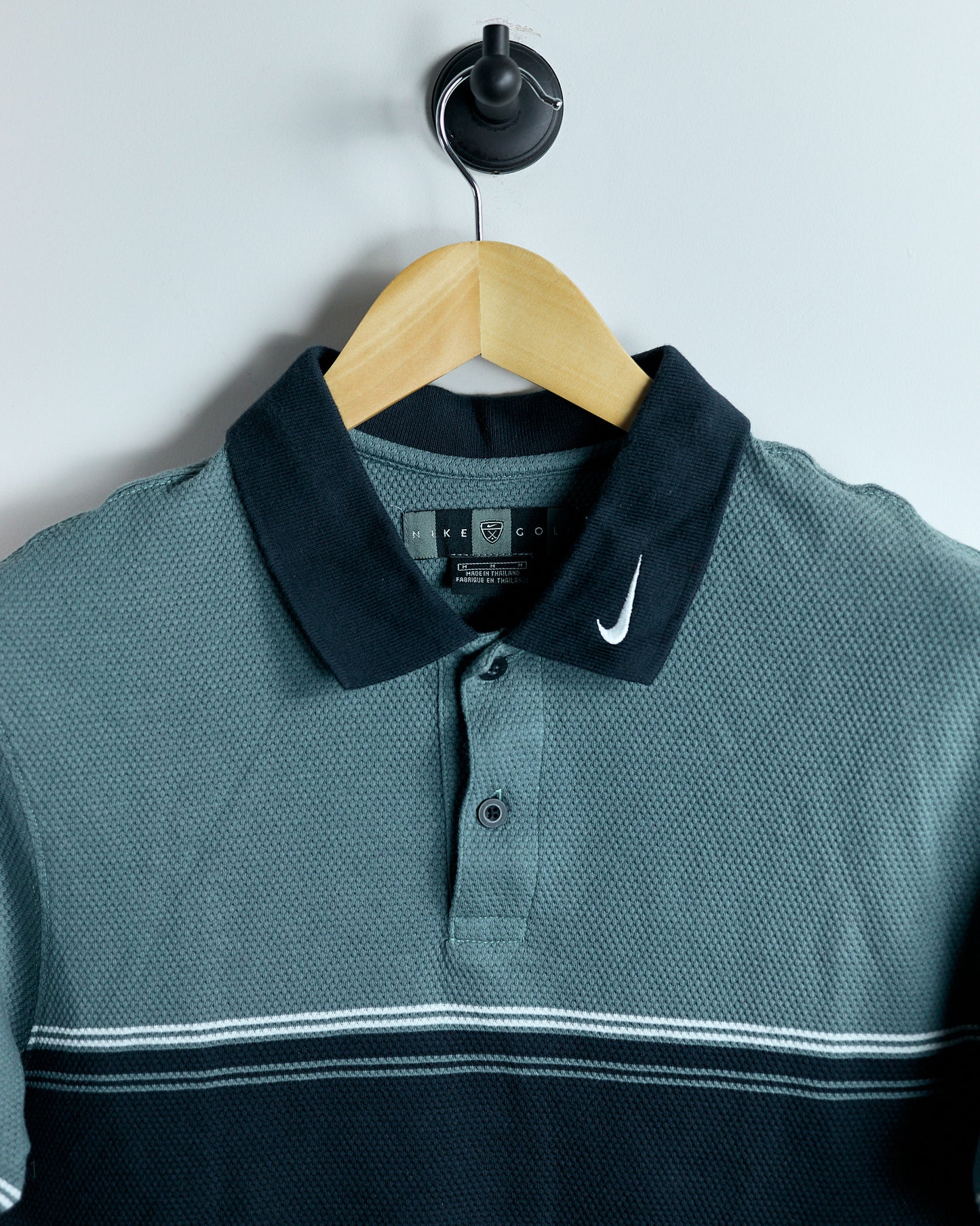 90s Nike Golf Shield Logo, Rare Swoosh collar, Navy Blue/Light Blue Cotton Polo (M)