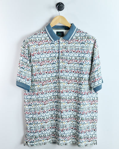 90s Greg Norman Cream and Blue Multicolour Pattern Polo (L)