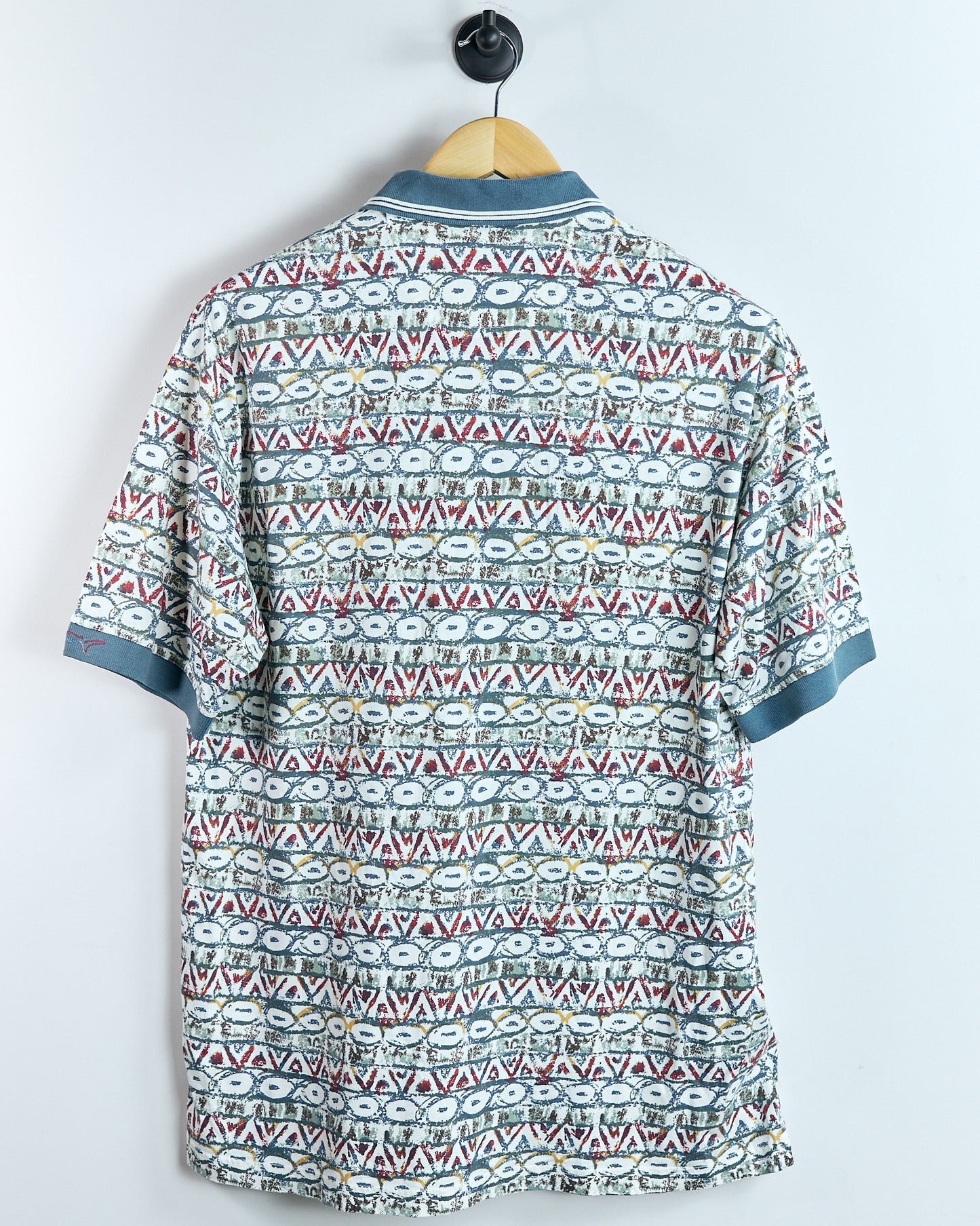 90s Greg Norman Cream and Blue Multicolour Pattern Polo (L)