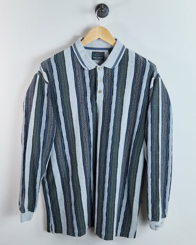 90s Greg Norman Light Grey/Navy Long Sleeve Stripe Polo (L)