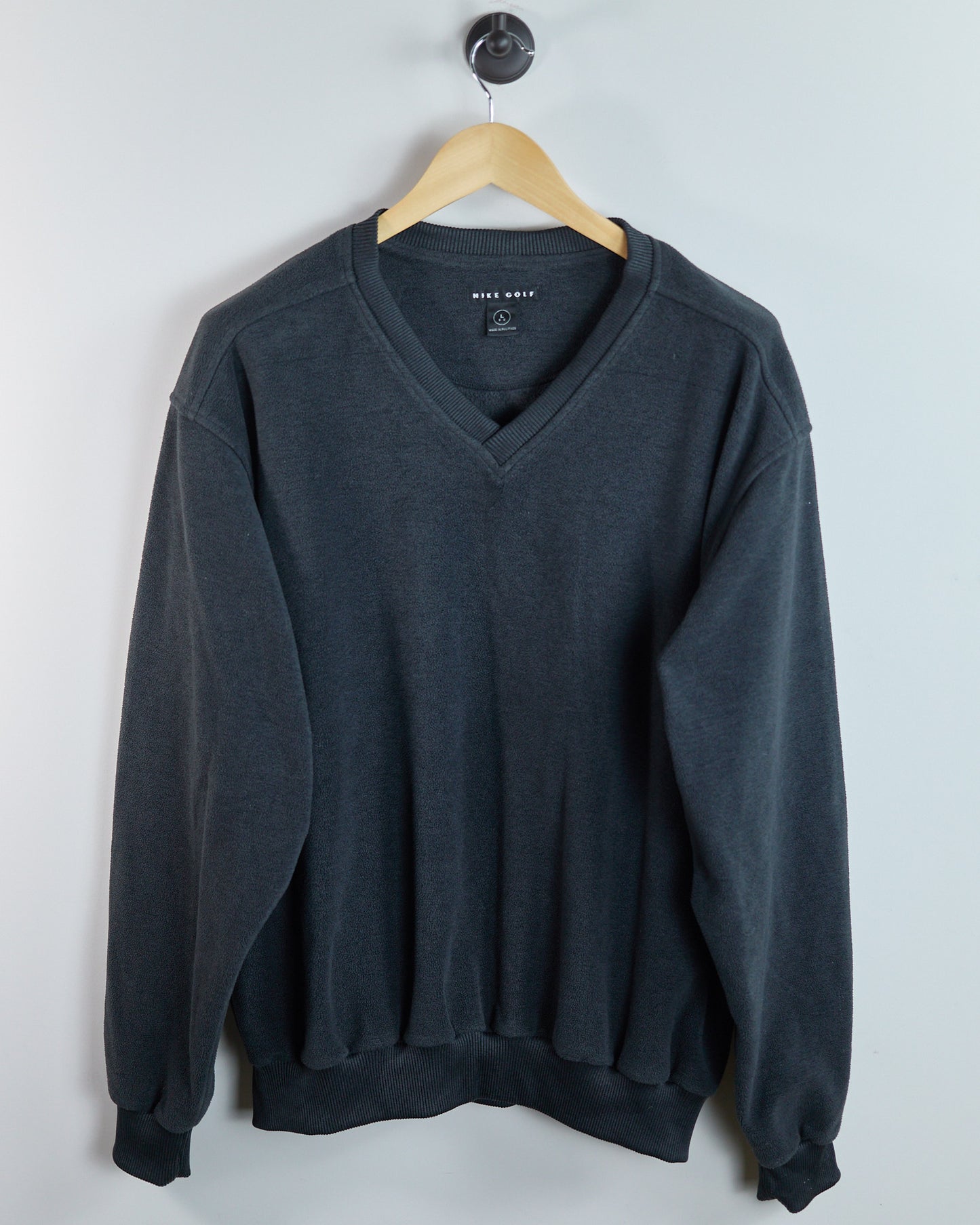 Late 80s to early 90s Nike Golf Grey Black V Neck Fleece Jumper (L)