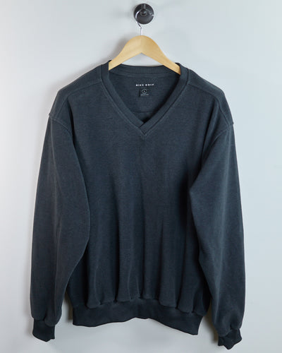 Late 80s to early 90s Nike Golf Grey Black V Neck Fleece Jumper (L)