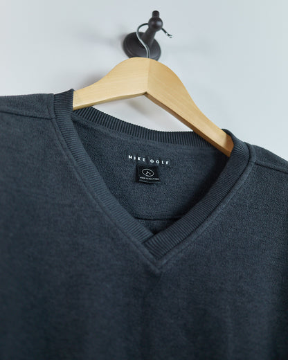 Late 80s to early 90s Nike Golf Grey Black V Neck Fleece Jumper (L)