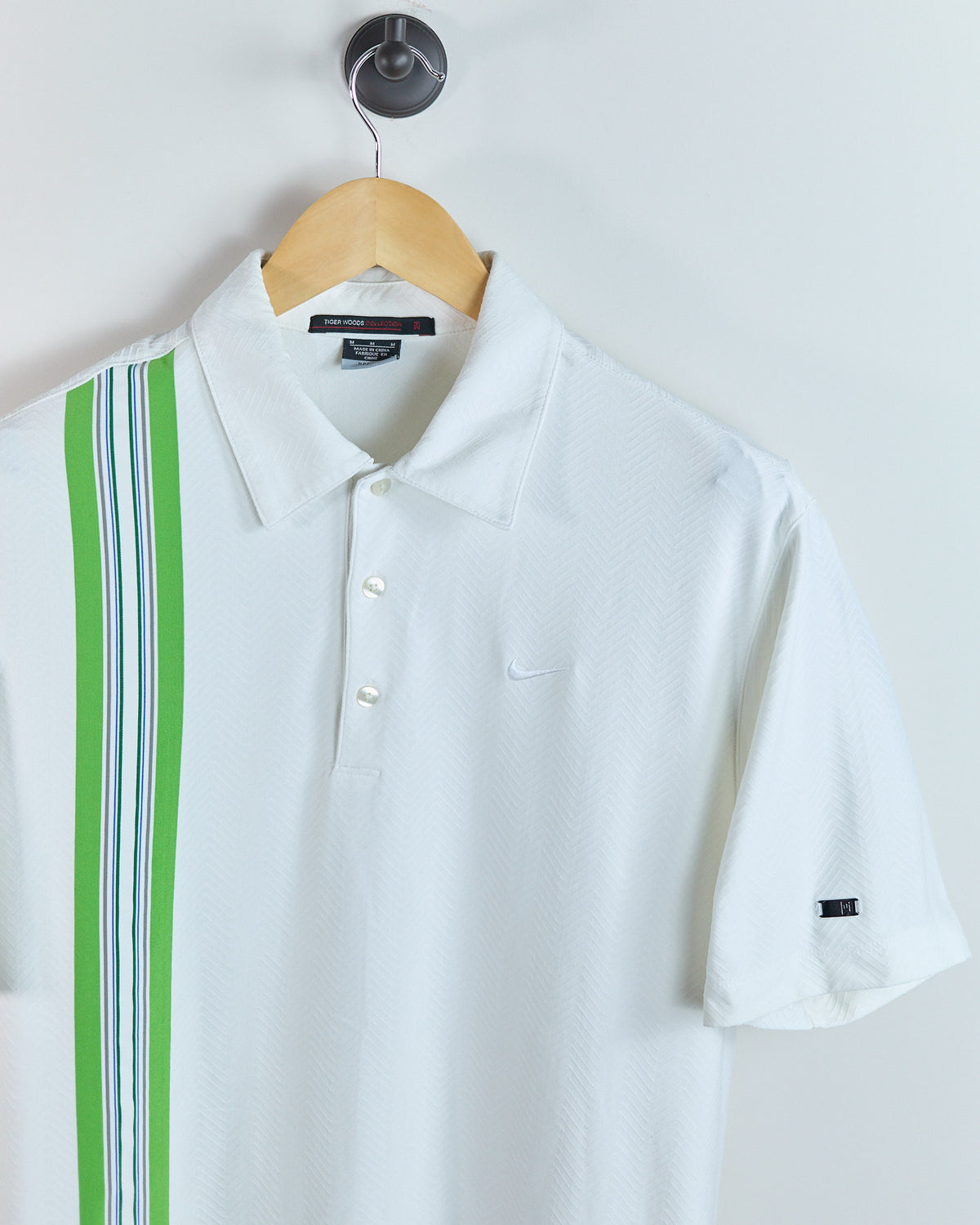 90s to early 00s Nike Golf Tiger Woods White/Green Stripe Polo (M)