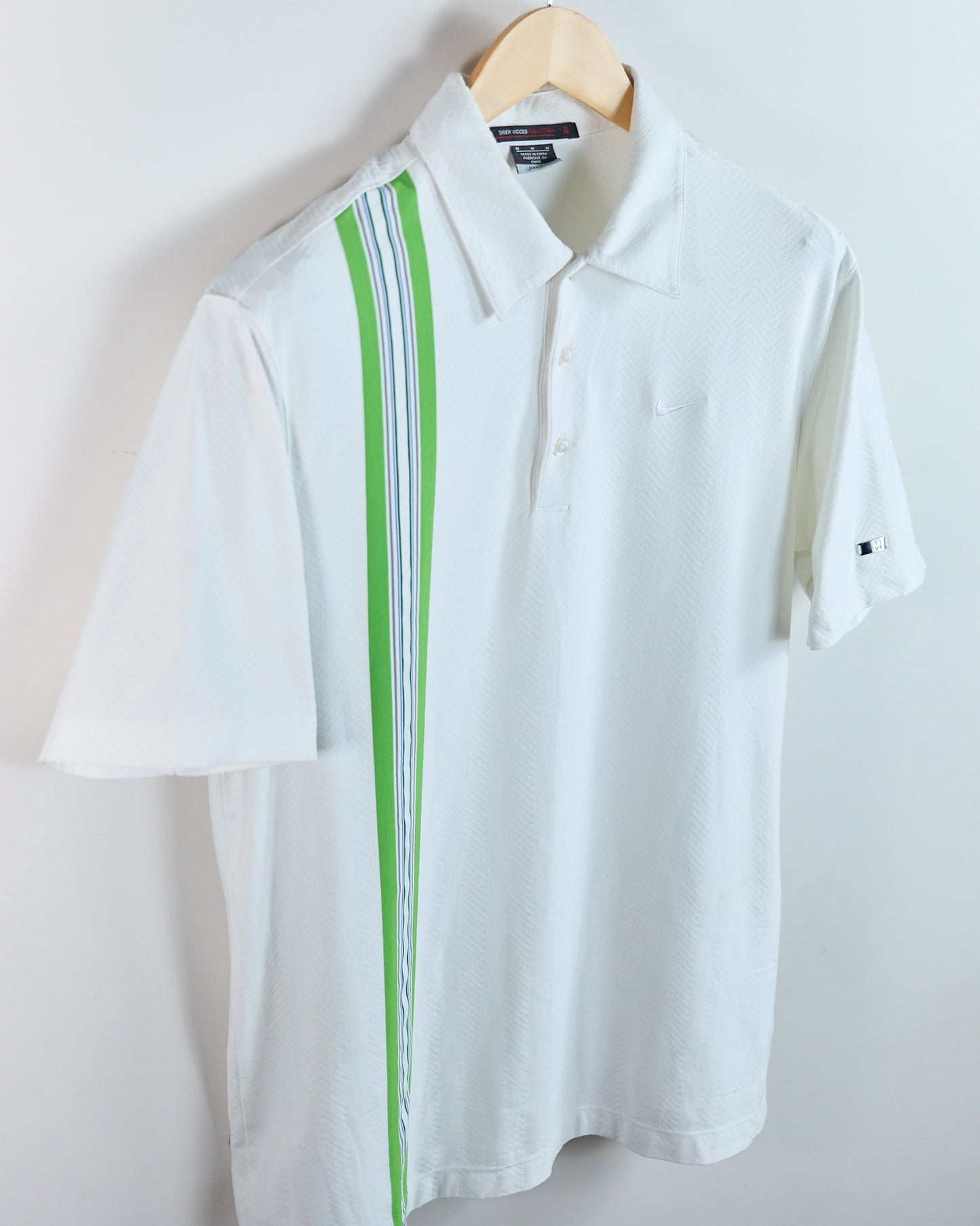 90s to early 00s Nike Golf Tiger Woods White/Green Stripe Polo (M)