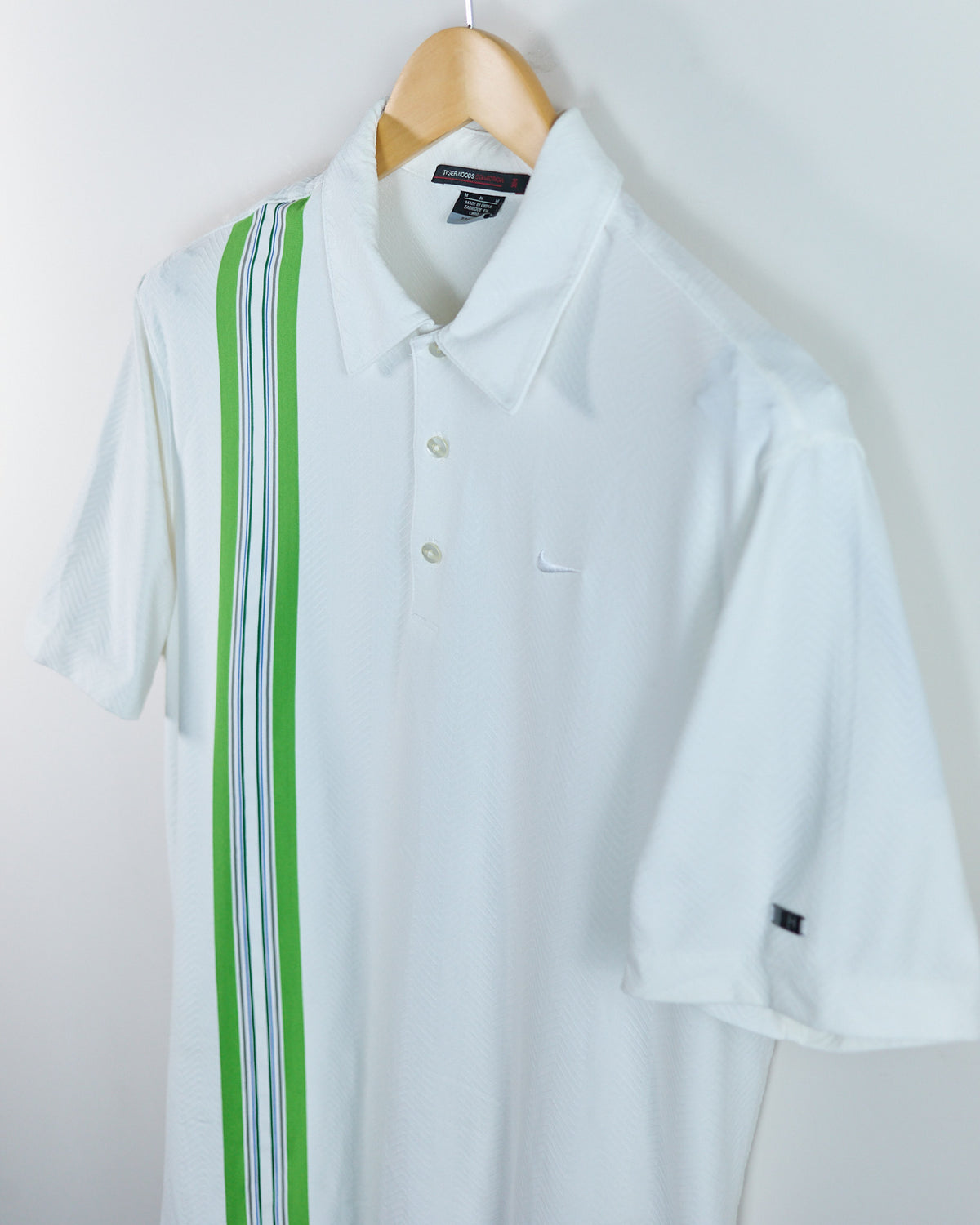 90s to early 00s Nike Golf Tiger Woods White/Green Stripe Polo (M)