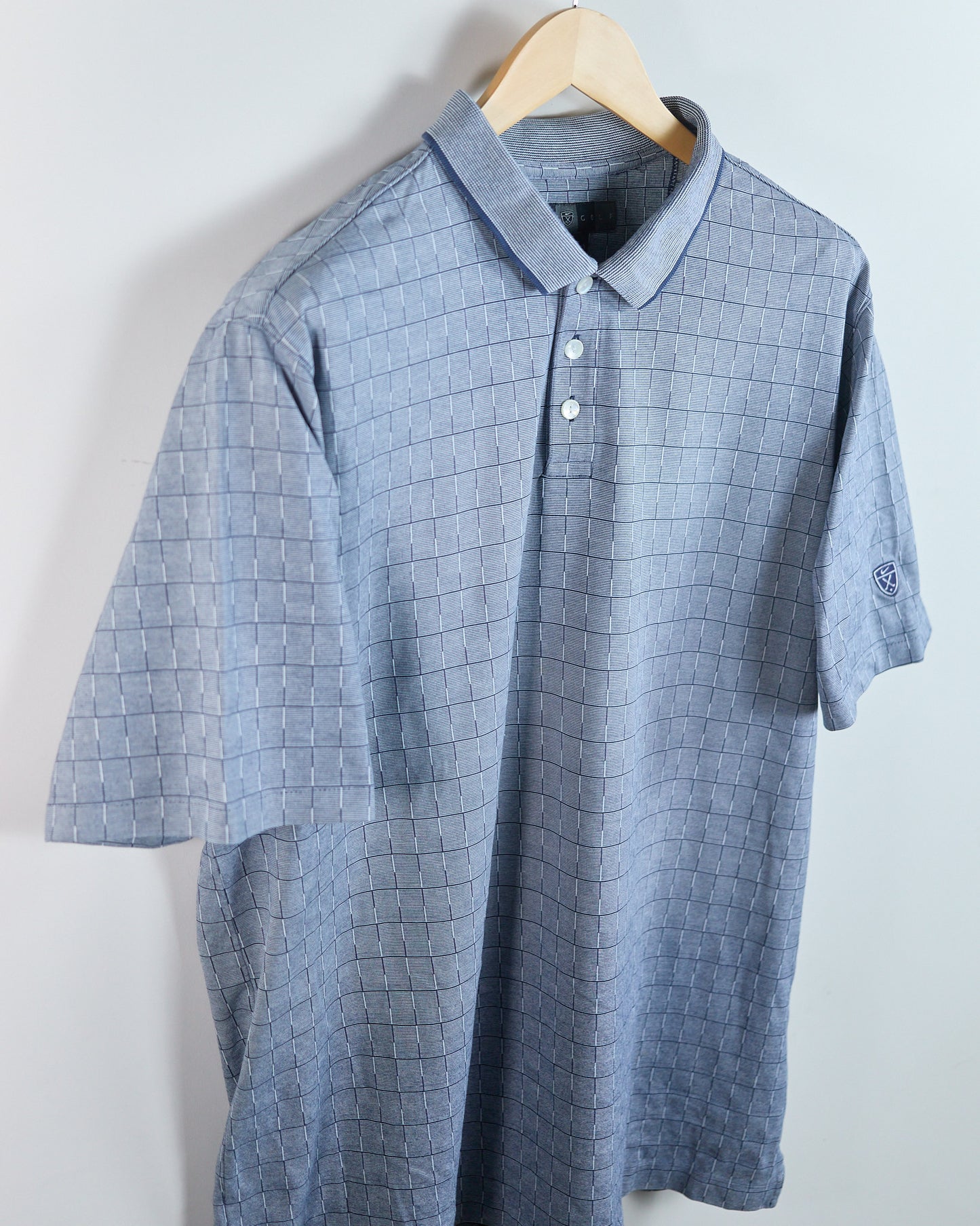 90s Nike Golf Shield Logo Blue/White Pattern Polo (XL)