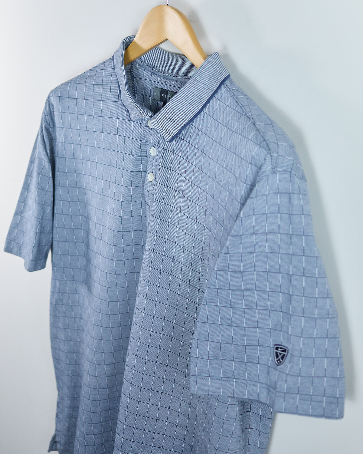 90s Nike Golf Shield Logo Blue/White Pattern Polo (XL)