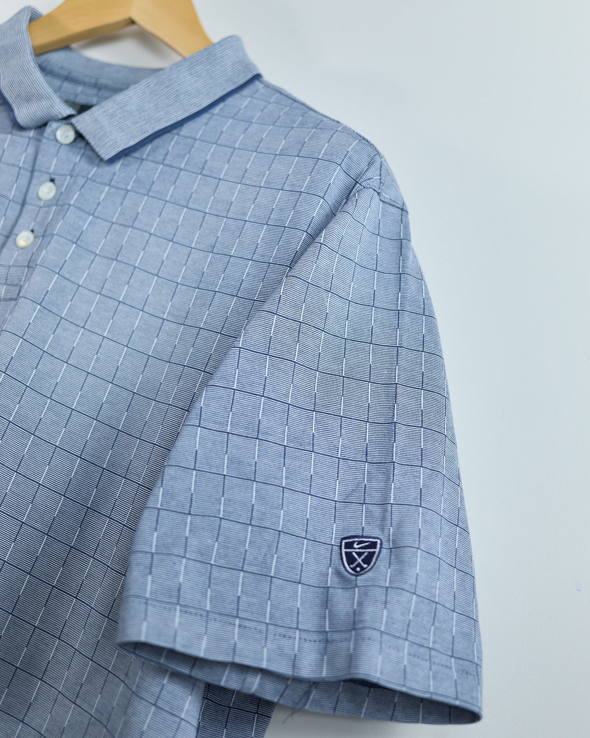 90s Nike Golf Shield Logo Blue/White Pattern Polo (XL)