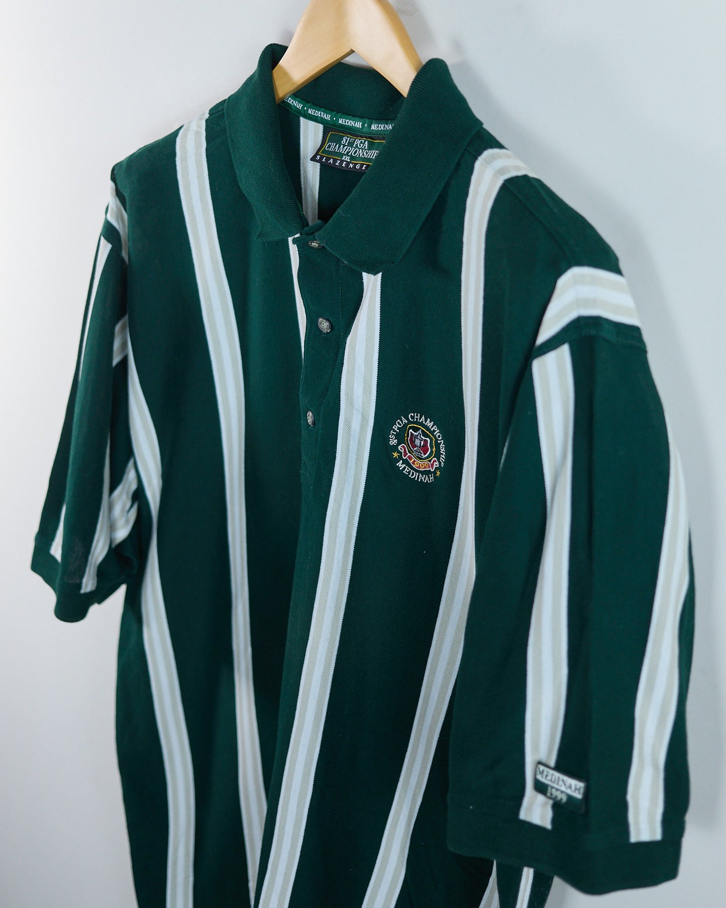 1999 Slazenger Golf Green/White Stripe Pattern 81st PGA Championship Medinah Polo (XL)