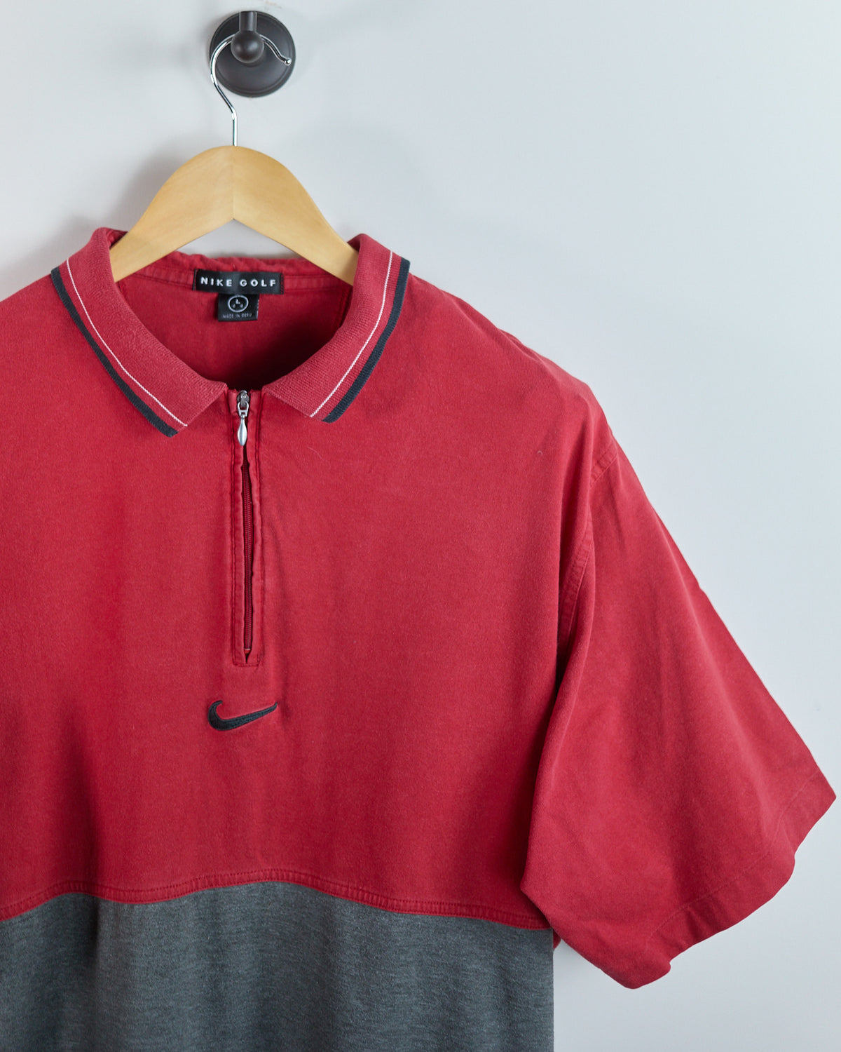 90s Nike Golf Swoosh Red/Grey Zip Up Polo (L) - Tiger wore this to a win