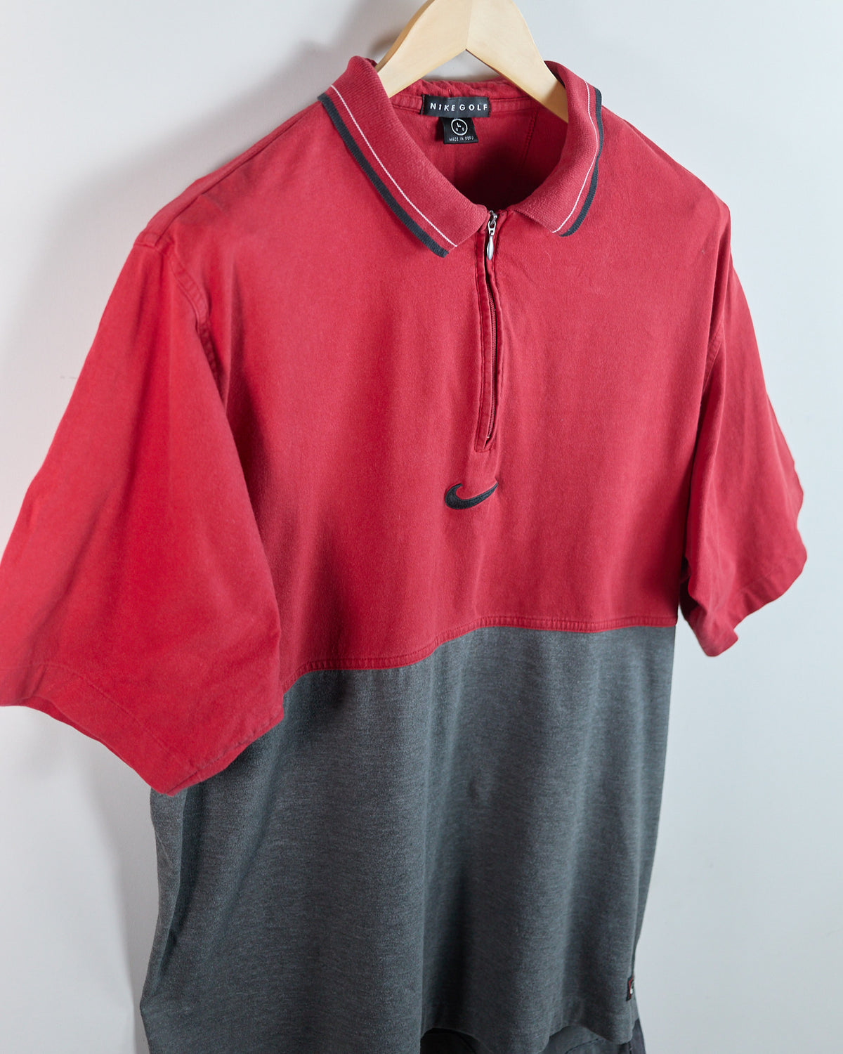 90s Nike Golf Swoosh Red/Grey Zip Up Polo (L) - Tiger wore this to a win