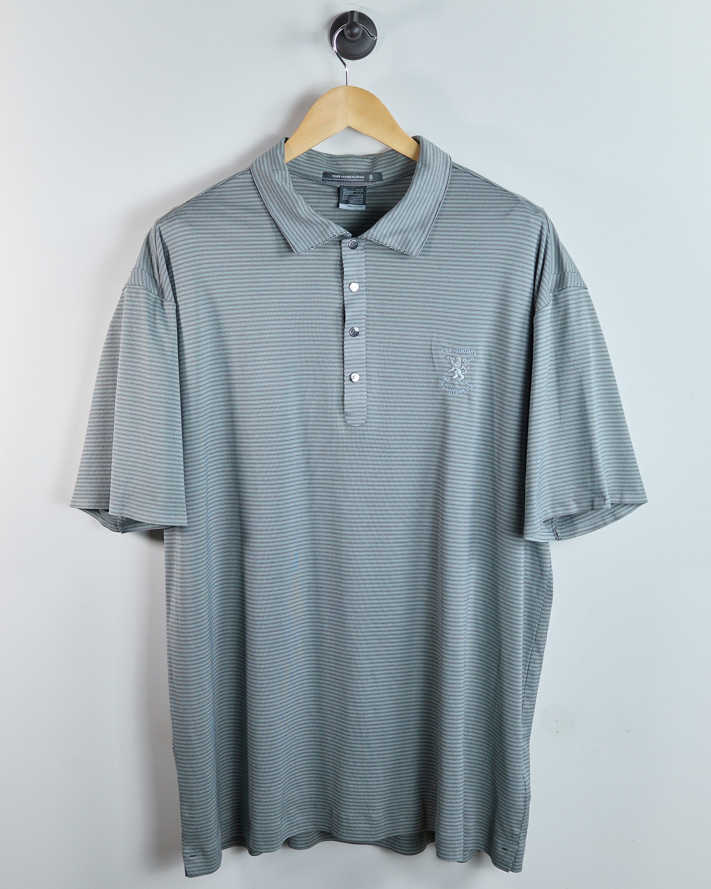 90s Nike Golf Tiger Woods Platinum Grey/Blue St Andrews Polo (XXL)