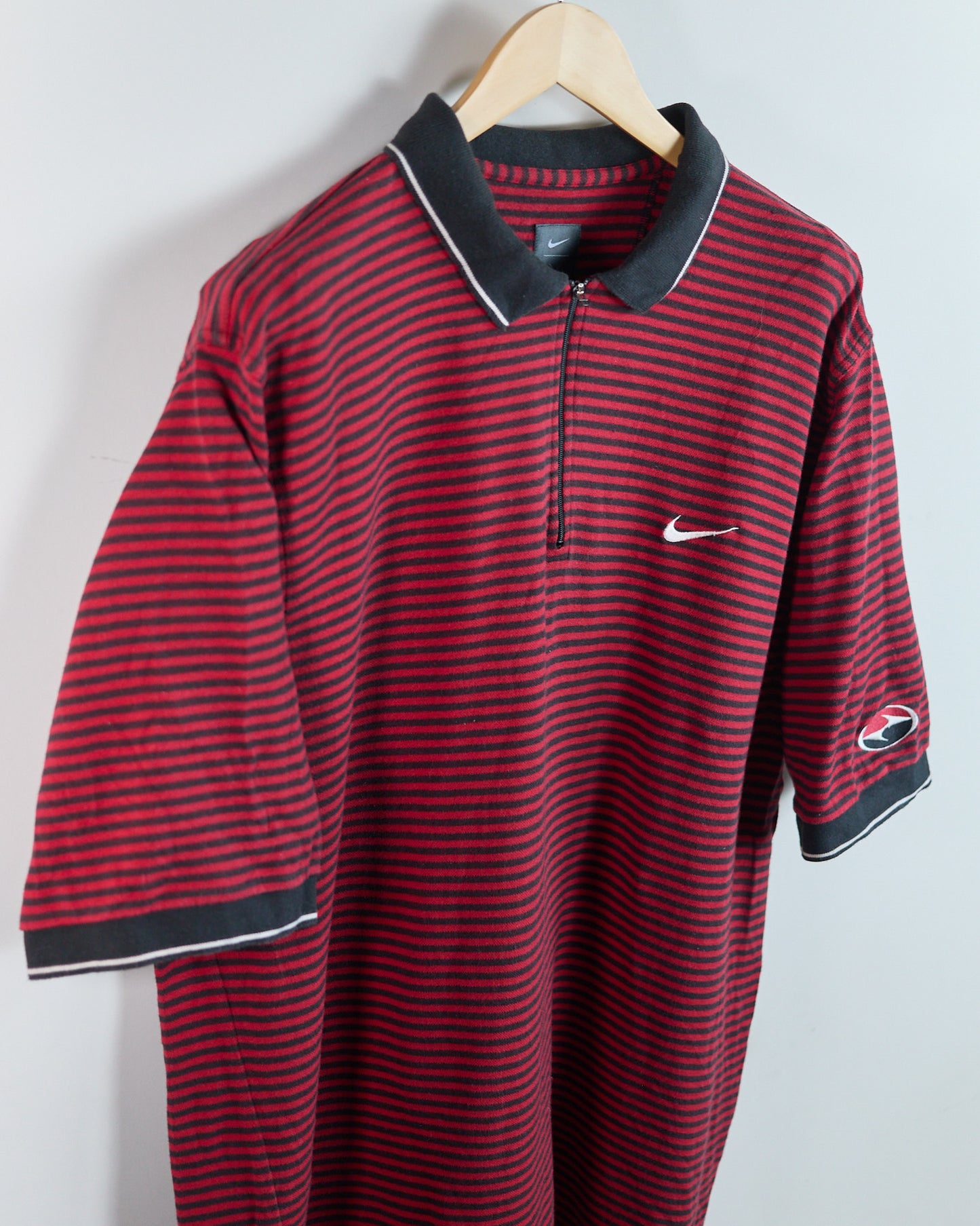 90s Nike Golf Tiger Woods Yin Yang Red/Black Stripe Pattern  Zip Up Polo (XL)