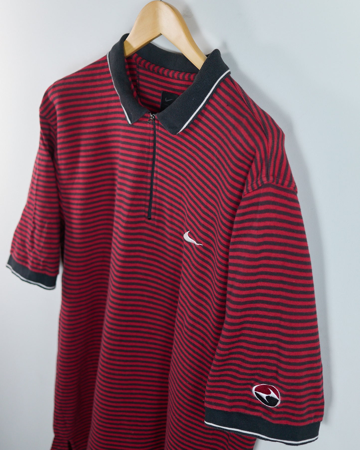 90s Nike Golf Tiger Woods Yin Yang Red/Black Stripe Pattern  Zip Up Polo (XL)
