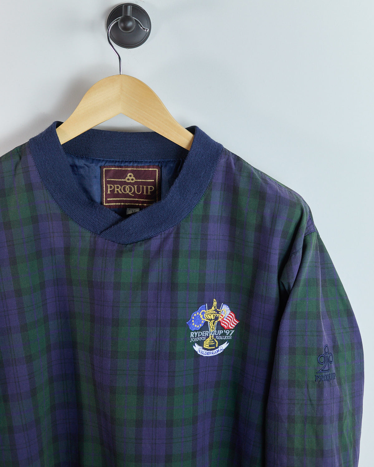 90s Proquip Blue/Green Tartan Pattern 1997 Ryder Cup Valderrama V Neck Windbreaker (M)