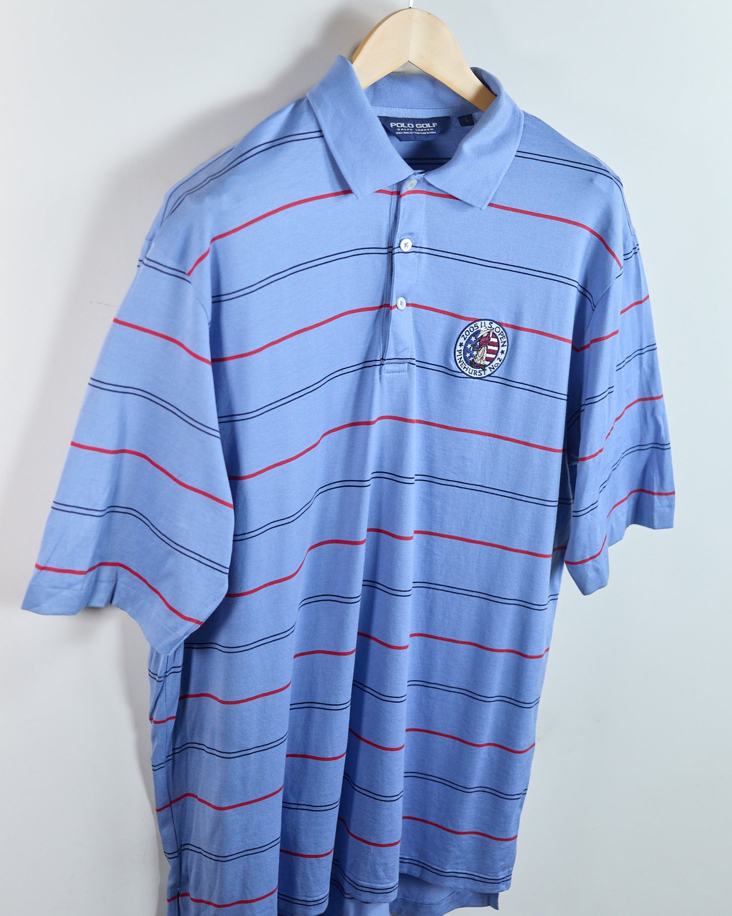 2005 Polo Ralph Lauren Golf Blue/Red Stripe Pattern US Open Pinehurst Polo (L)