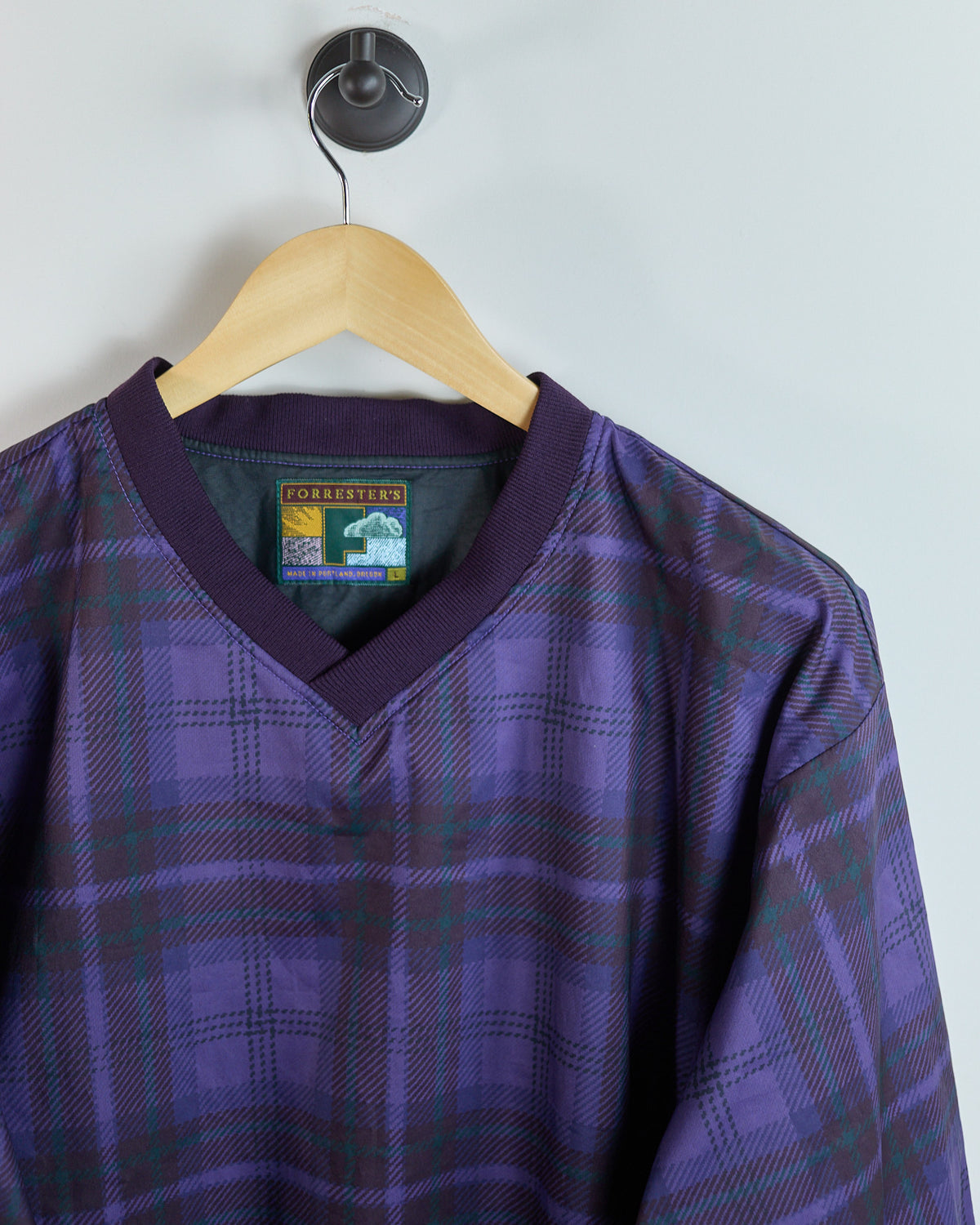 80s Forresters Purple Tartan Pattern V Neck Windbreaker (L)