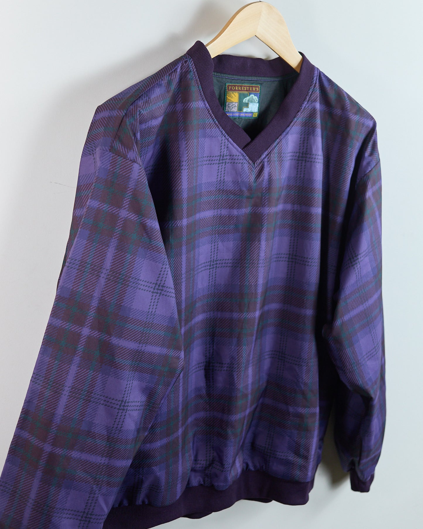 80s Forresters Purple Tartan Pattern V Neck Windbreaker (L)
