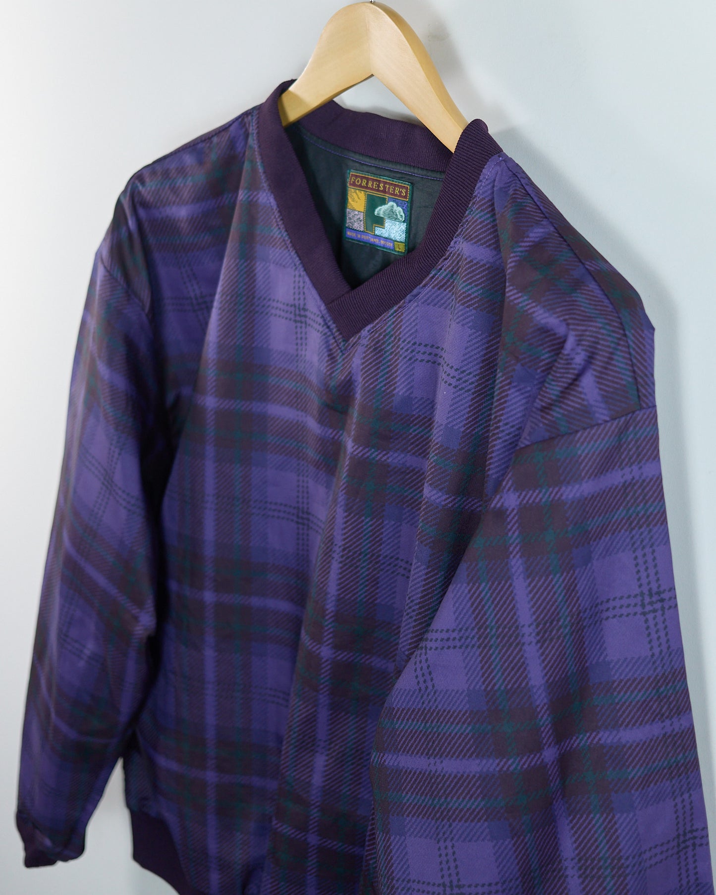 80s Forresters Purple Tartan Pattern V Neck Windbreaker (L)