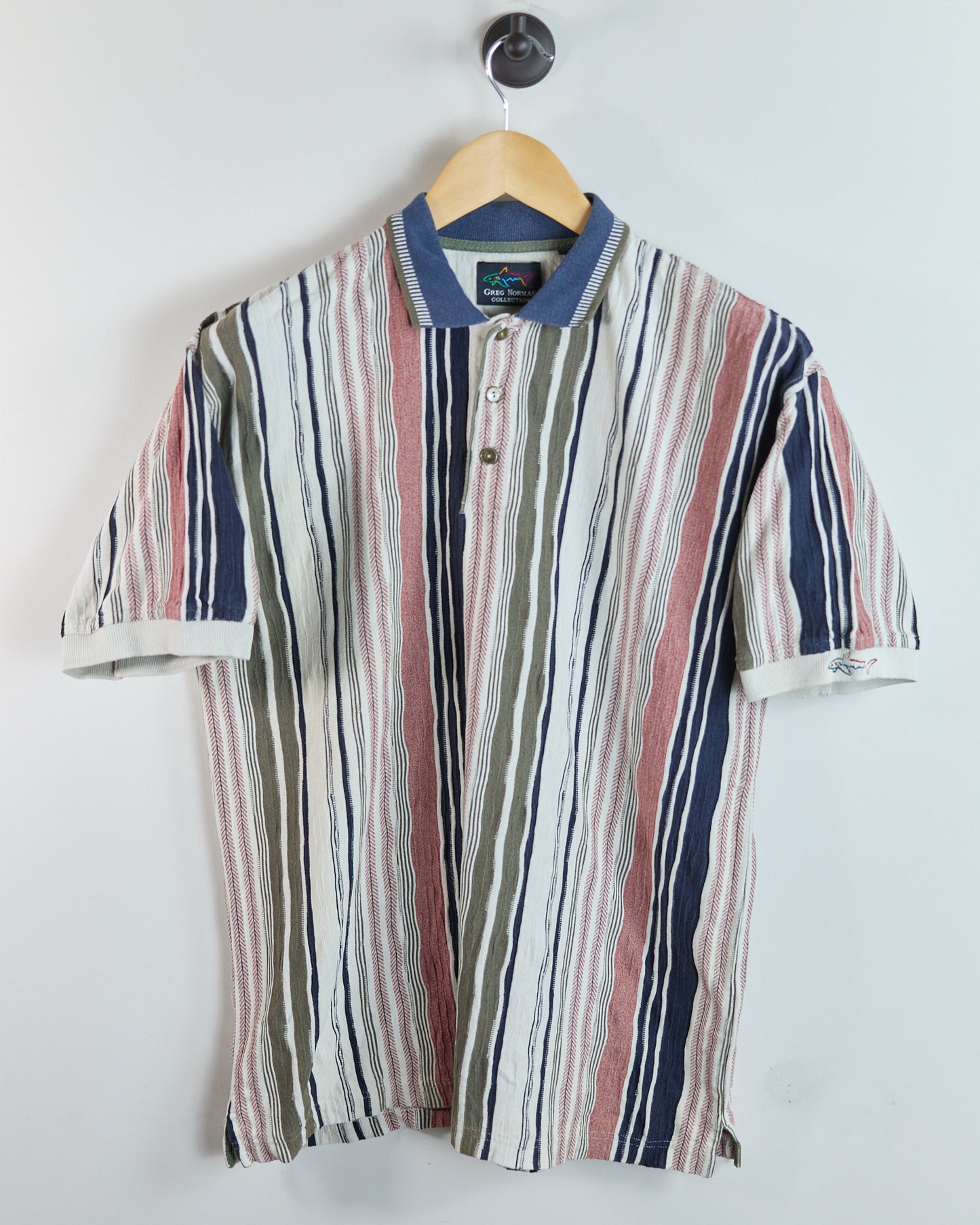 Early 90s Greg Norman White/Blue Multicolour Pattern Polo (M)
