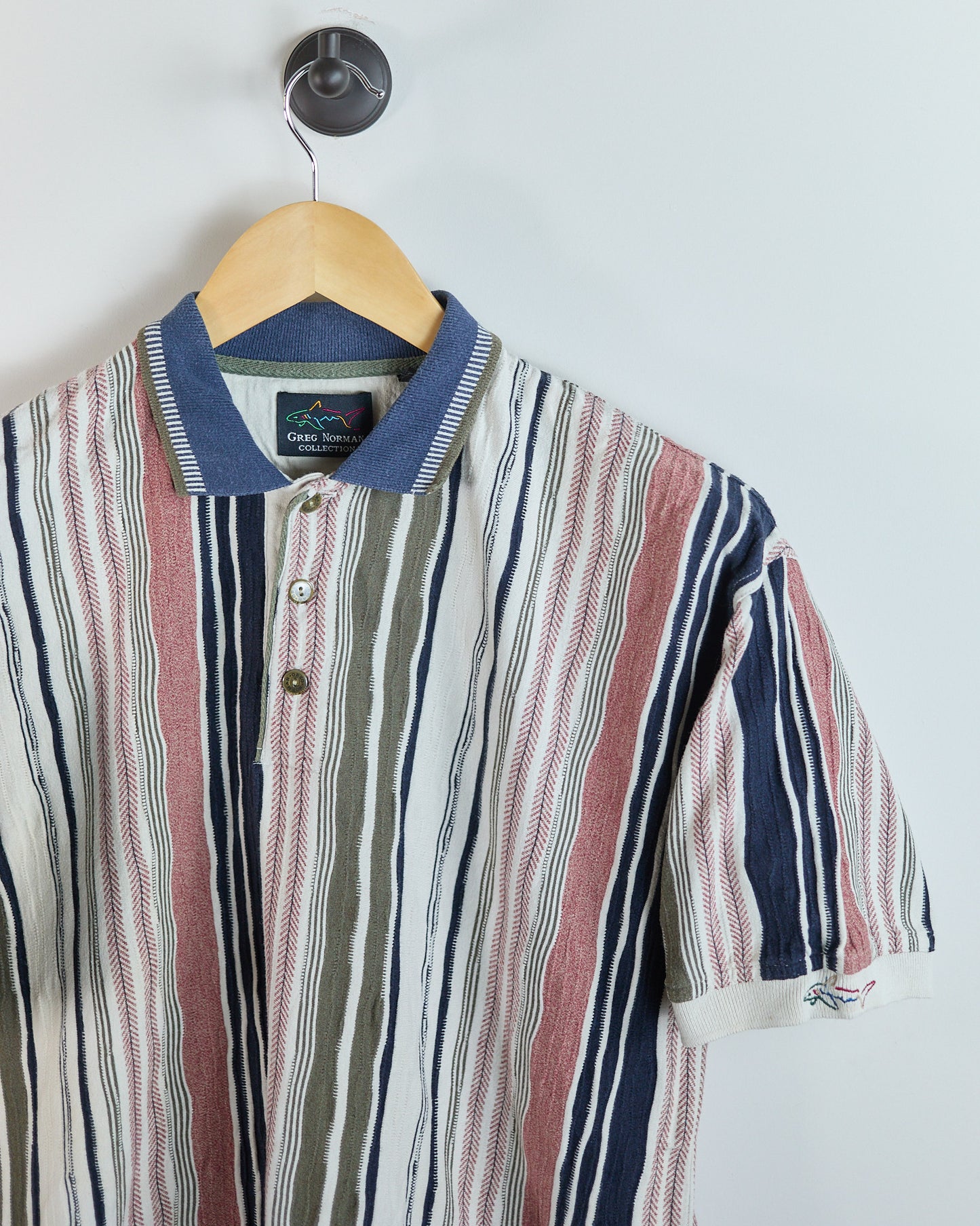 Early 90s Greg Norman White/Blue Multicolour Pattern Polo (M)