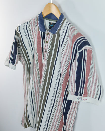 Early 90s Greg Norman White/Blue Multicolour Pattern Polo (M)