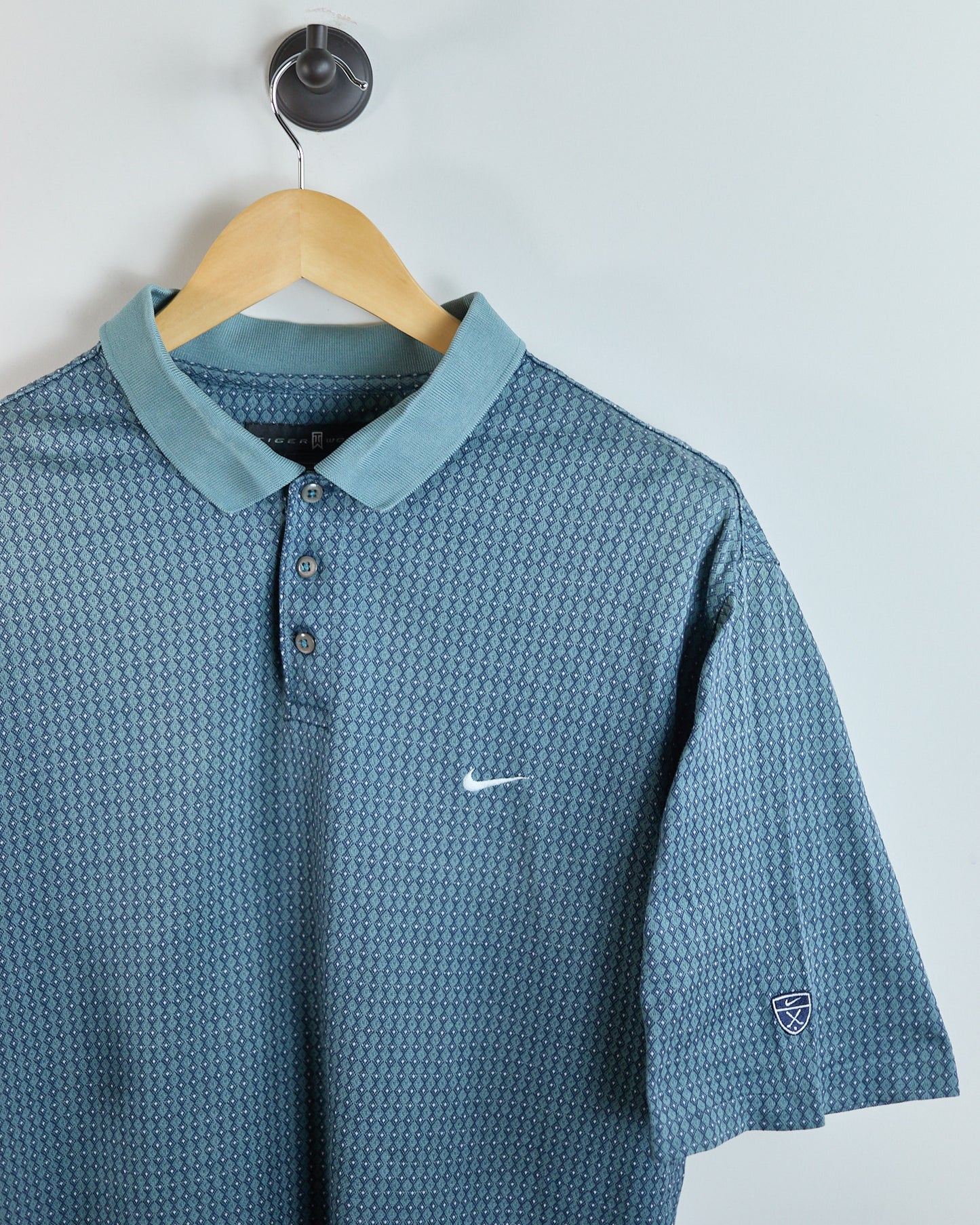 90s Nike Golf Tiger Woods Shield Logo Steel Blue/Slate Diamond Pattern Polo (XL)