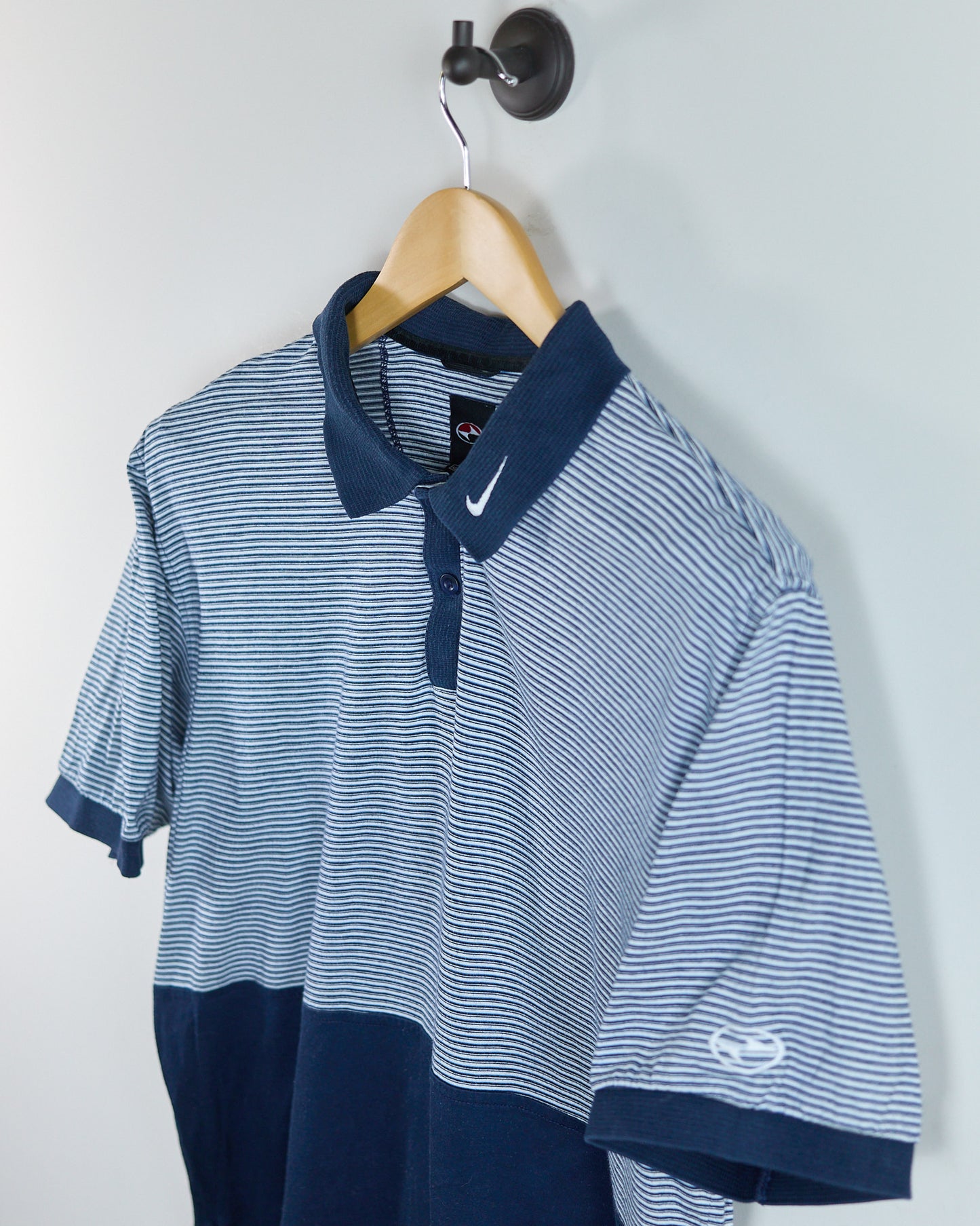 90s Nike Golf Tiger Woods Yin Yang Blue/Navy Stripe Pattern Polo (XL)