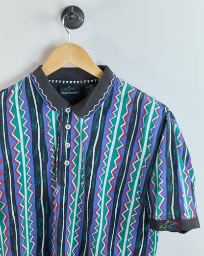 Early 90s Greg Norman Royal Blue Multicolour Pattern Polo (M)