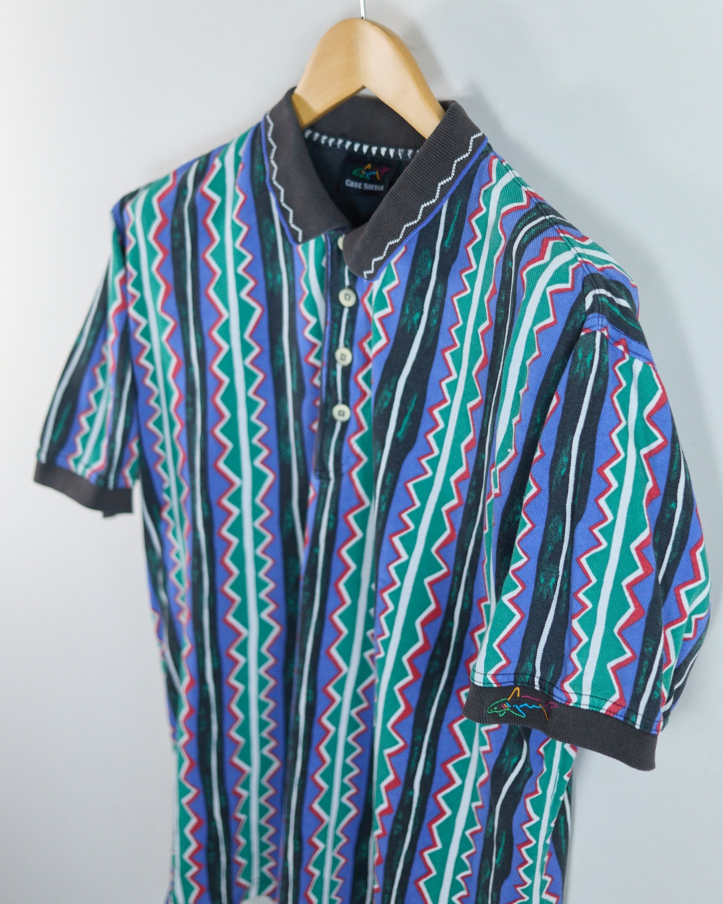 Early 90s Greg Norman Royal Blue Multicolour Pattern Polo (M)