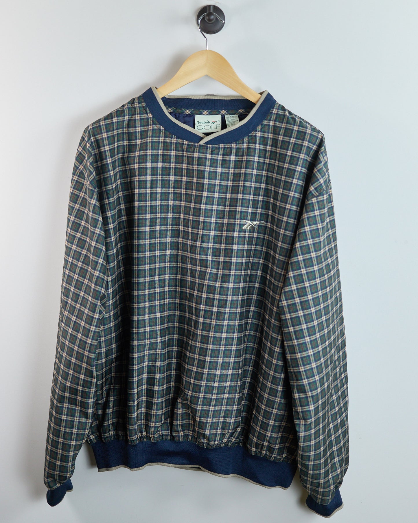 Early 90s Reebok Blue/Green Tartan Pattern V Neck Windbreaker (XL)