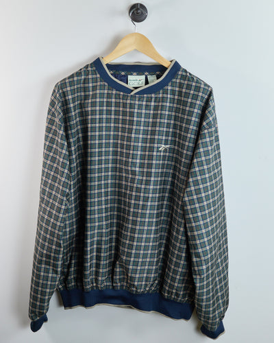 Early 90s Reebok Blue/Green Tartan Pattern V Neck Windbreaker (XL)