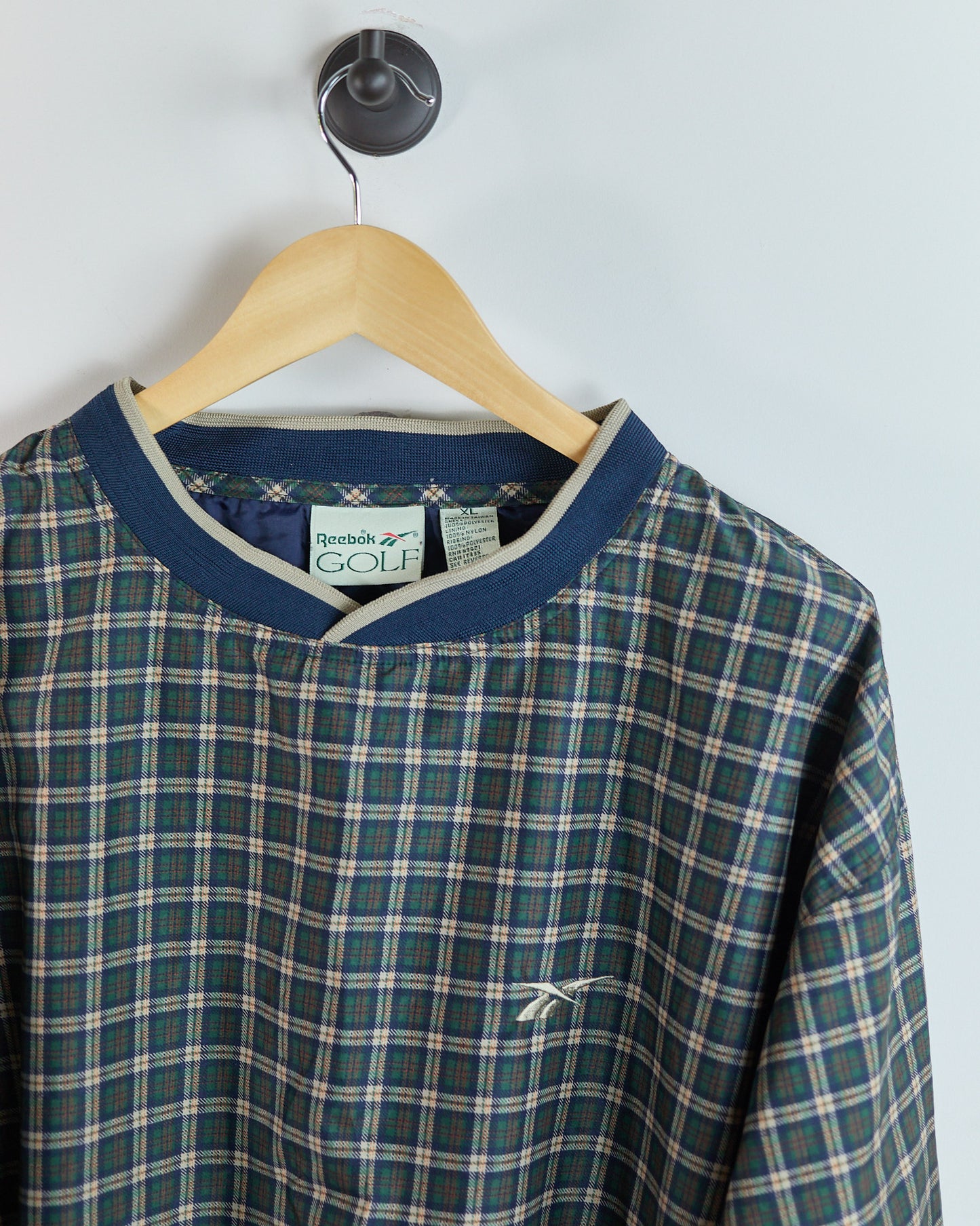Early 90s Reebok Blue/Green Tartan Pattern V Neck Windbreaker (XL)