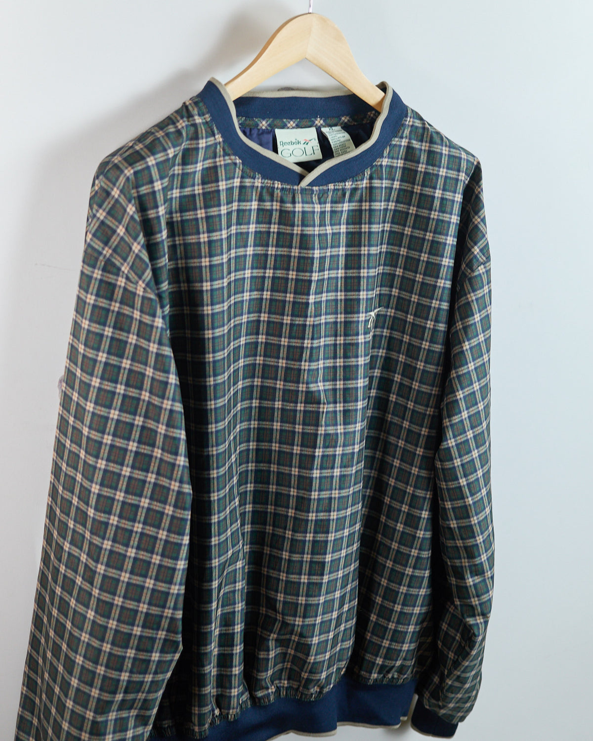 Early 90s Reebok Blue/Green Tartan Pattern V Neck Windbreaker (XL)