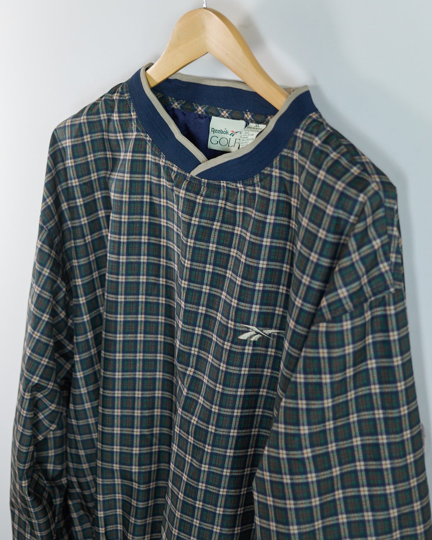 Early 90s Reebok Blue/Green Tartan Pattern V Neck Windbreaker (XL)