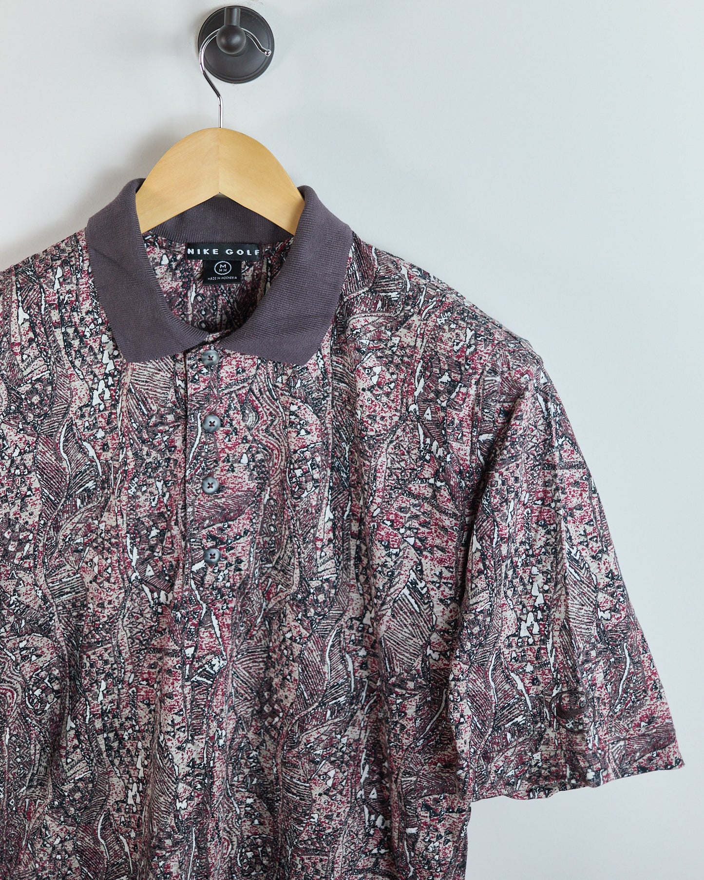 80s to early 90s Nike Golf Swoosh Burgundy Pattern Polo (M)