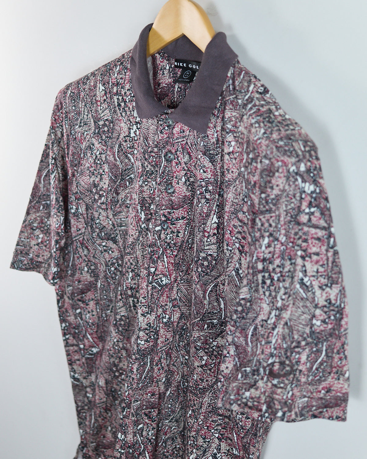 80s to early 90s Nike Golf Swoosh Burgundy Pattern Polo (M)