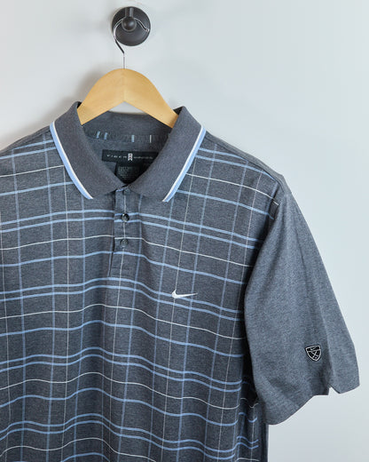 90s to early 00s Nike Golf Shield Tiger Woods Logo Dark Grey/Light Blue Stripe Pattern Polo (L)
