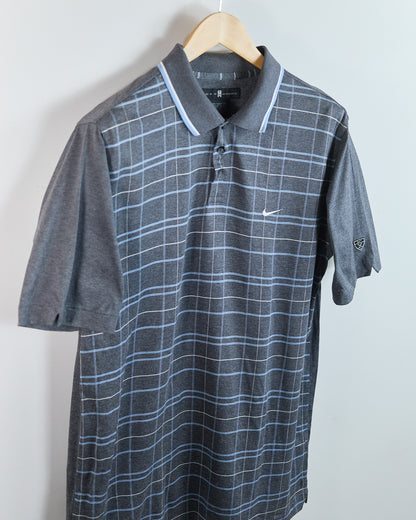 90s to early 00s Nike Golf Shield Tiger Woods Logo Dark Grey/Light Blue Stripe Pattern Polo (L)