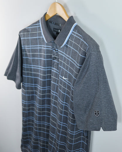 90s to early 00s Nike Golf Shield Tiger Woods Logo Dark Grey/Light Blue Stripe Pattern Polo (L)