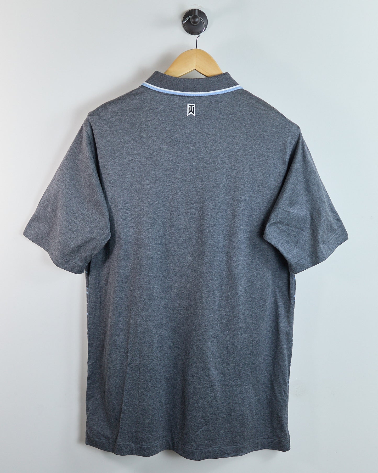 90s to early 00s Nike Golf Shield Tiger Woods Logo Dark Grey/Light Blue Stripe Pattern Polo (L)
