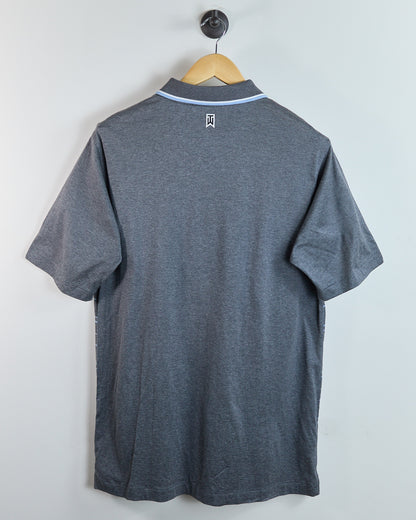 90s to early 00s Nike Golf Shield Tiger Woods Logo Dark Grey/Light Blue Stripe Pattern Polo (L)