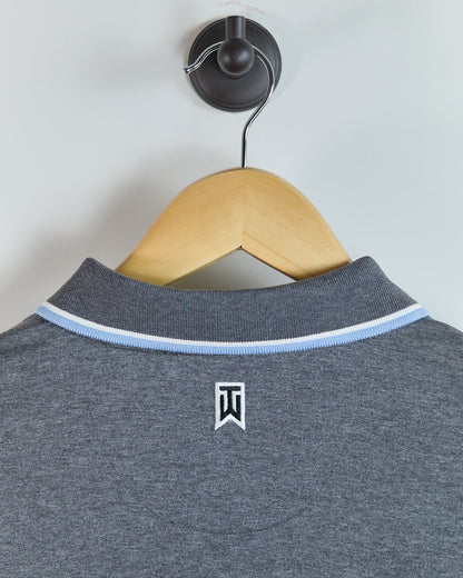 90s to early 00s Nike Golf Shield Tiger Woods Logo Dark Grey/Light Blue Stripe Pattern Polo (L)