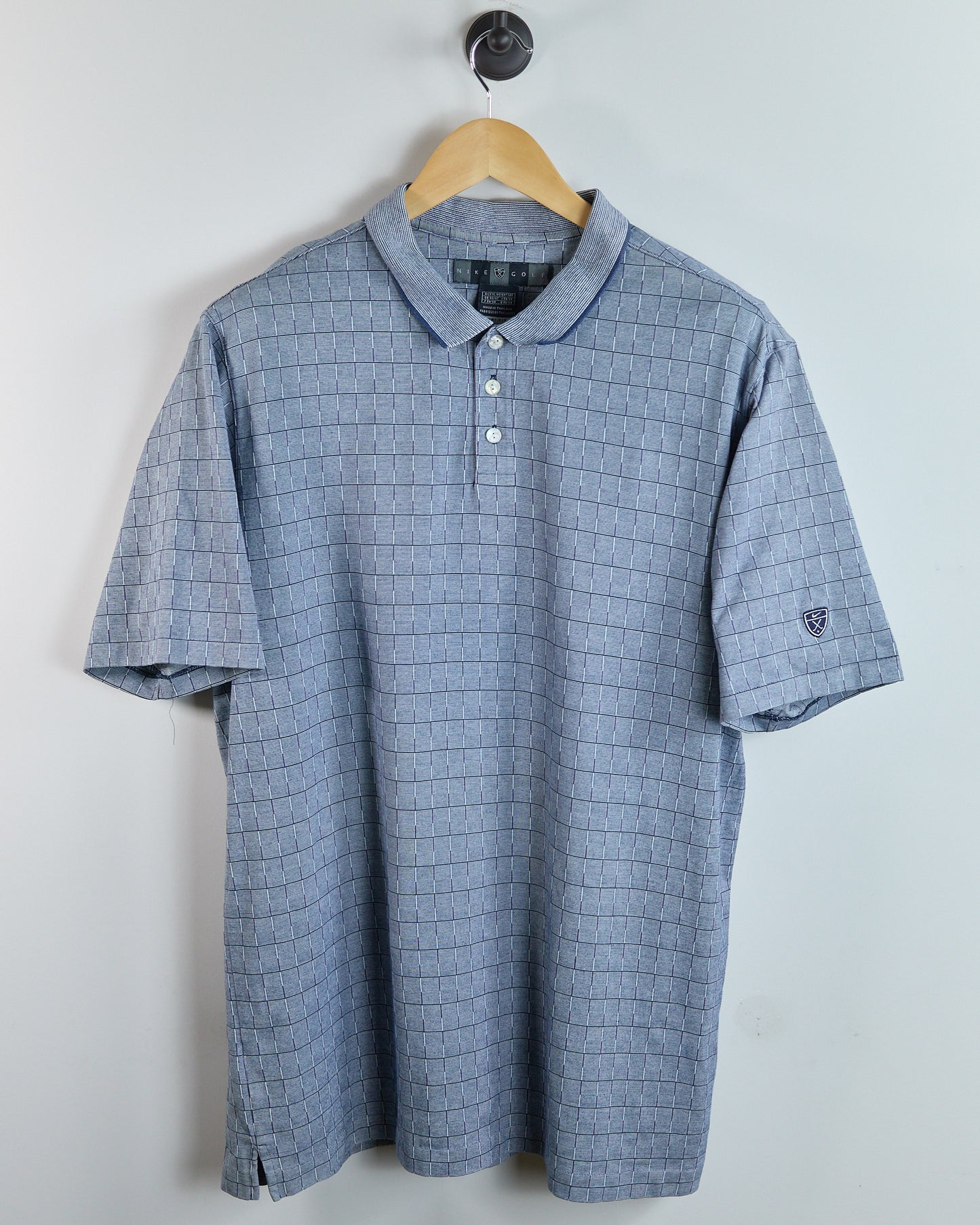90s Nike Golf Shield Logo Blue Block Pattern Polo (XL)