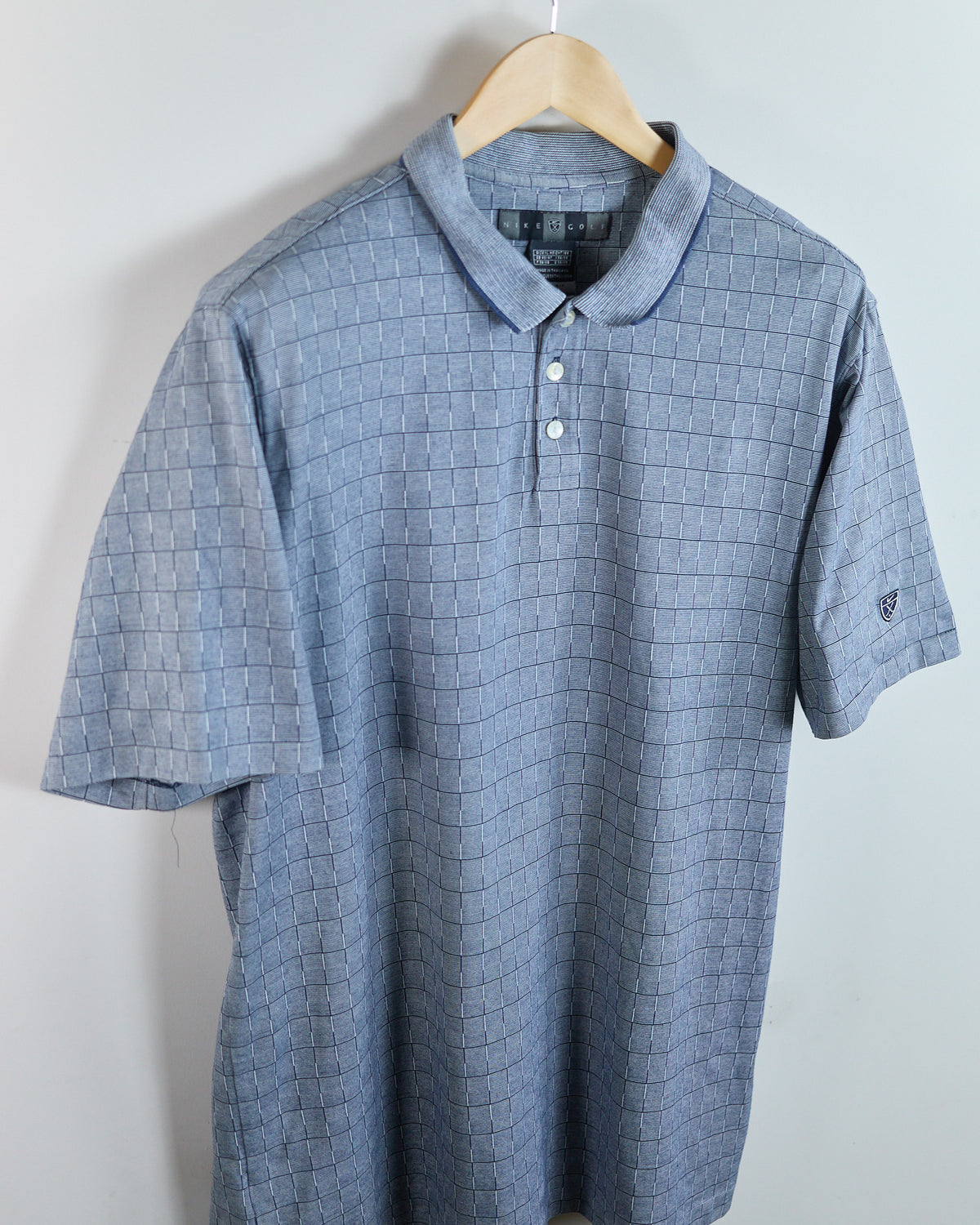 90s Nike Golf Shield Logo Blue Block Pattern Polo (XL)