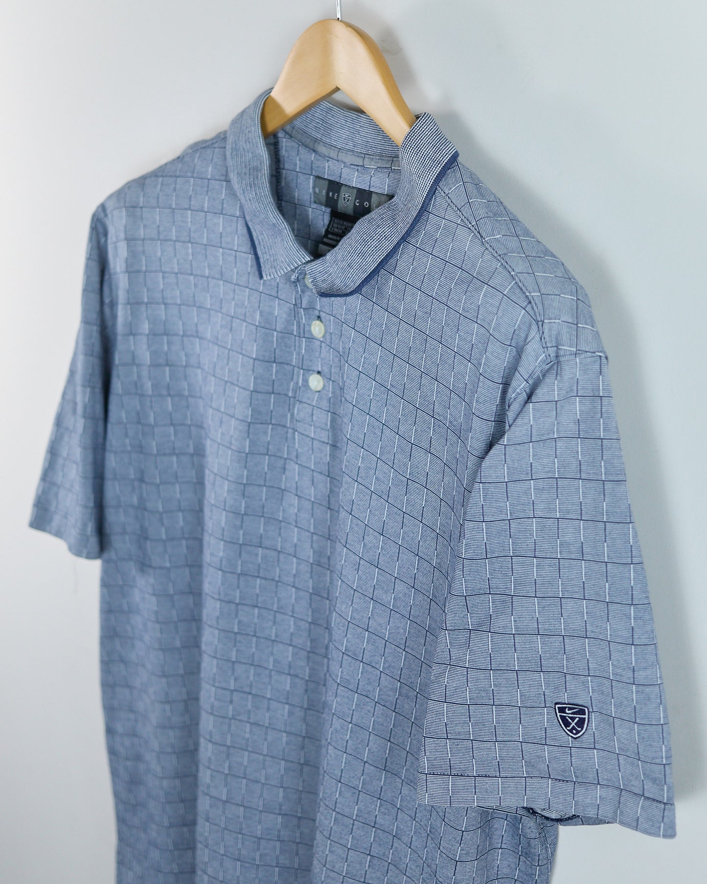 90s Nike Golf Shield Logo Blue Block Pattern Polo (XL)