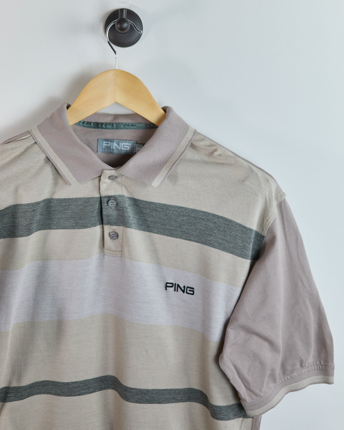 90s Ping Beige Block Stripe Pattern Polo (M)